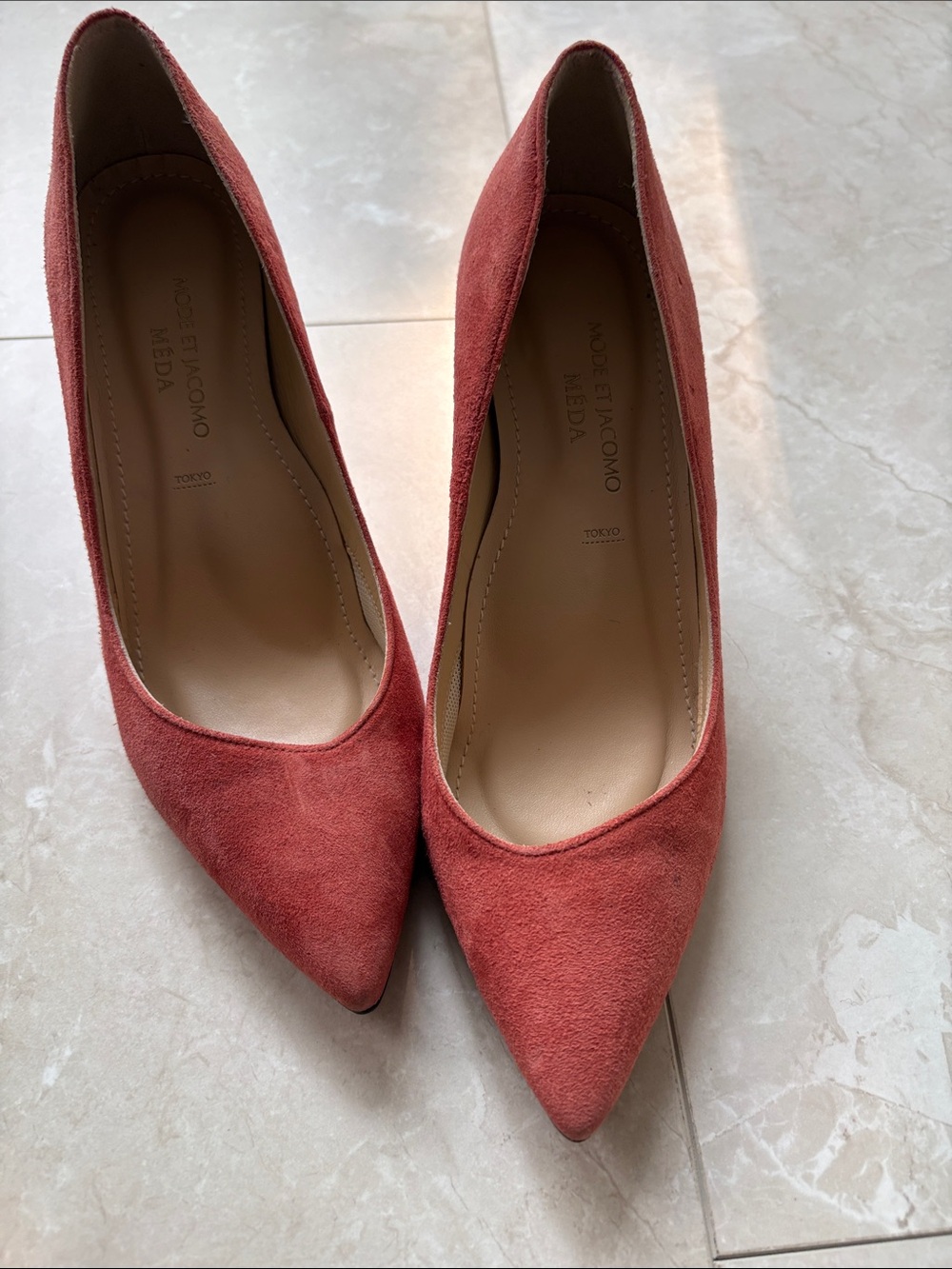 Pointed-Toe Suede Pumps in Coral -